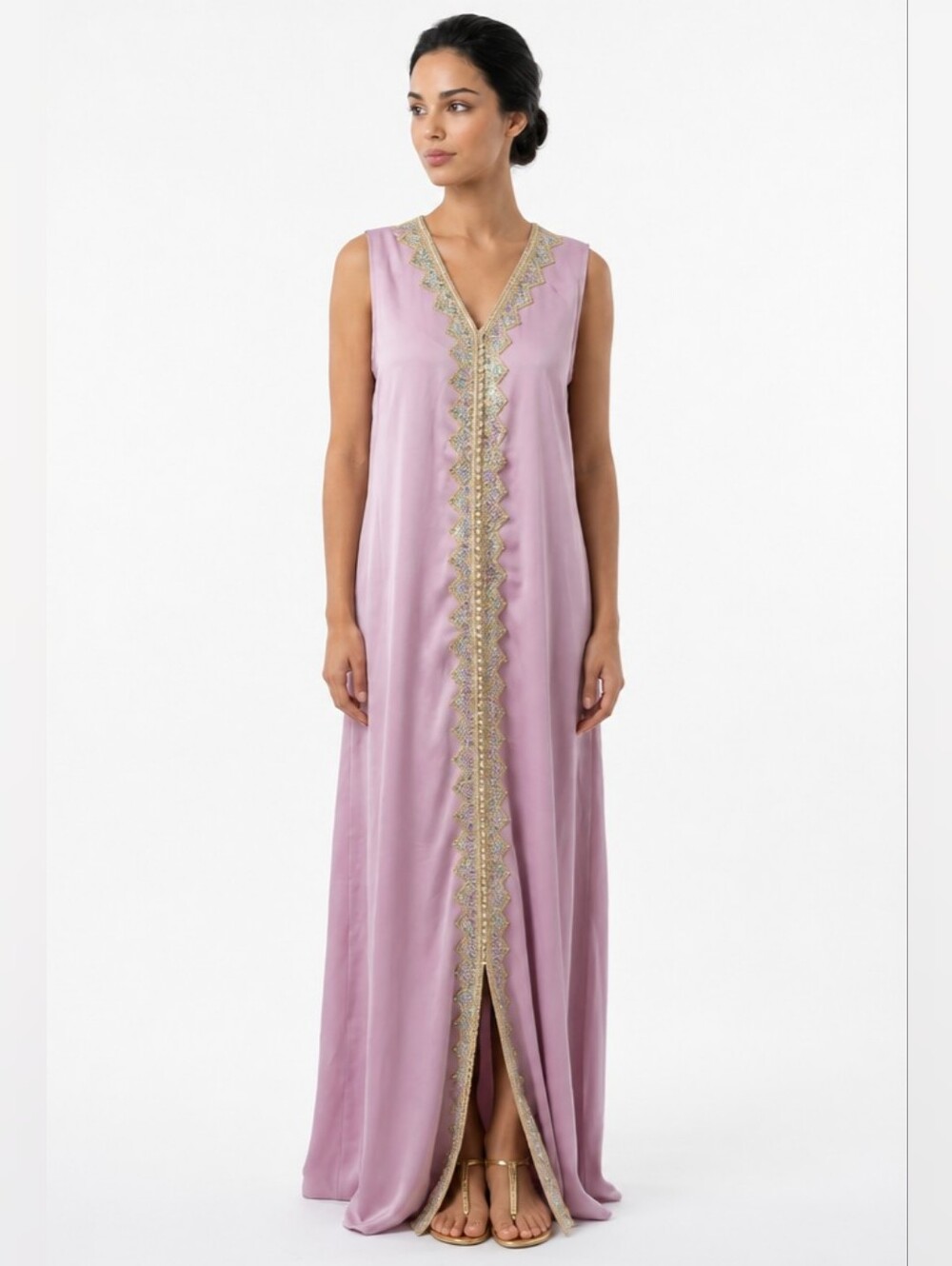 Toleen Sleeveless Satin Kaftan Evening Dress in Lilac Size M
